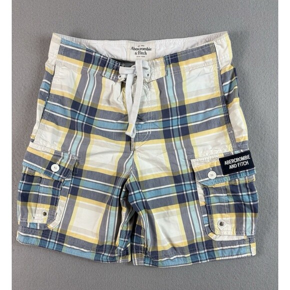 Abercrombie & Fitch Mens Medium Swim Shorts Trunks Board Cargo Blue Plaid - Picture 1 of 16